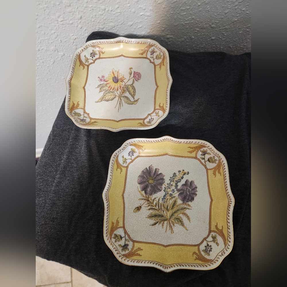 Floral Square Plates with Yellow Border Village Art Hanging Plates